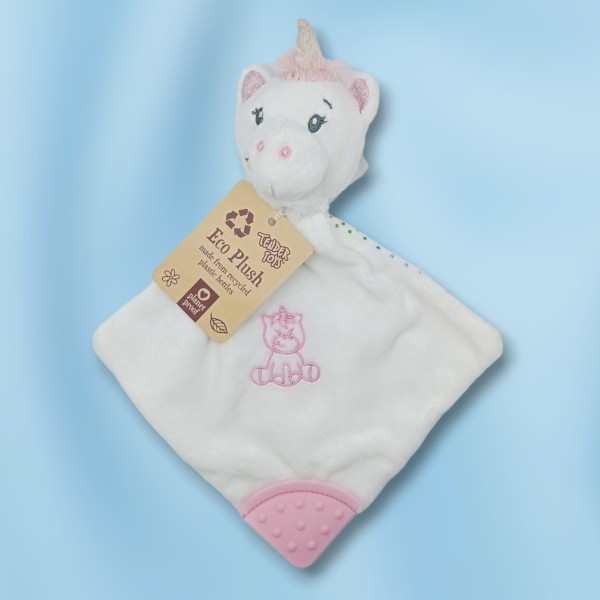 Licorne TENDERTOYS doudou hochet plat blanc et rose