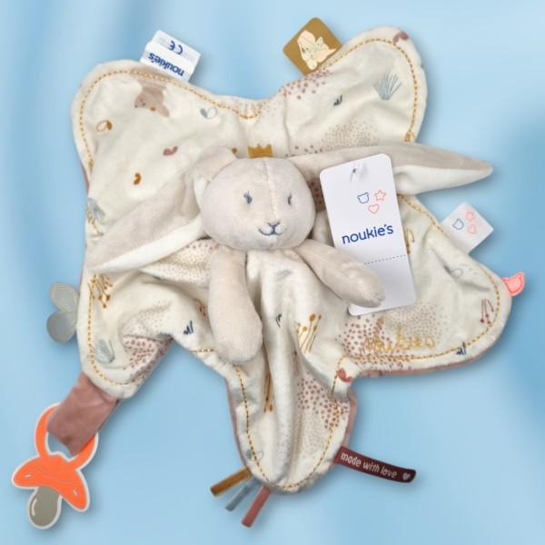 Lapin NOUKIE'S doudou plat beige et rose Joy