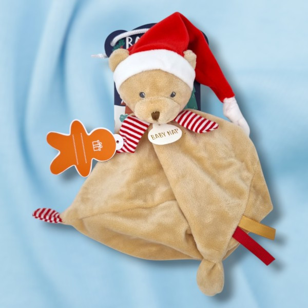 Ours BABY NAT' doudou de Noël beige et rouge