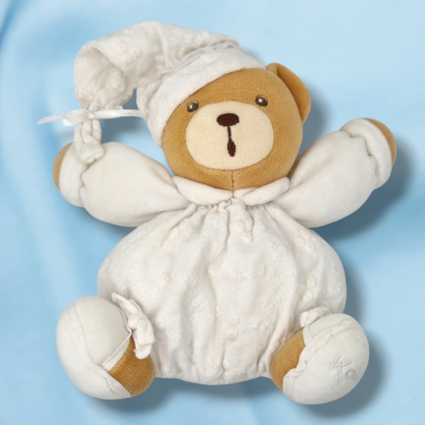 Ours KALOO doudou boule blanc fleurs brodées