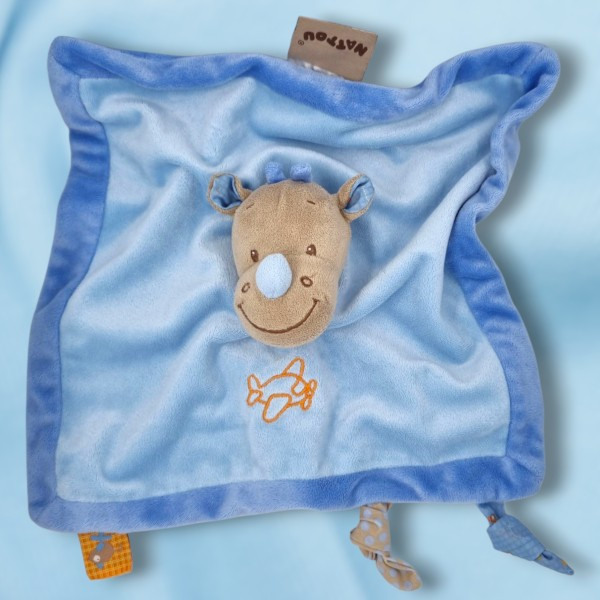 Rhinocéros NATTOU doudou carré plat  bleu
