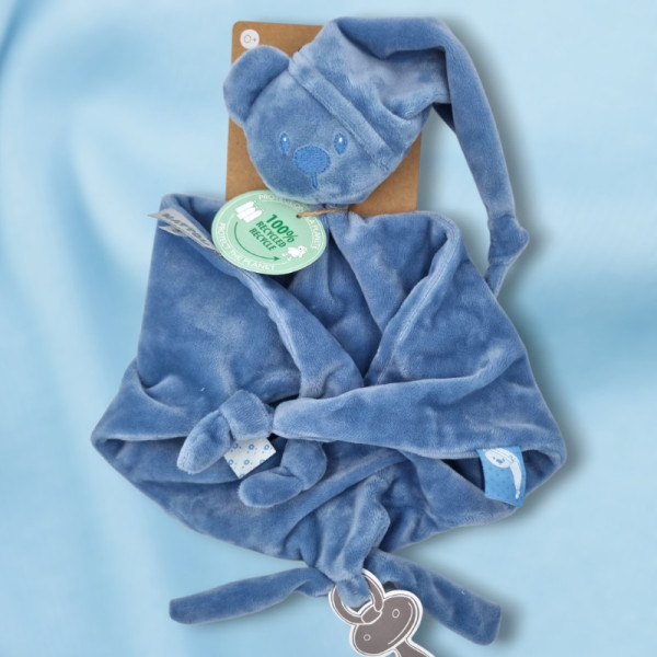 SOS doudou ours NATTOU Lapidou triangle plat bleu foncé maxi-doudou en tissu recyclé