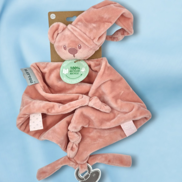 SOS doudou ours NATTOU Lapidou triangle plat rose foncé maxi-doudou en tissu recyclé - Toodoux.com