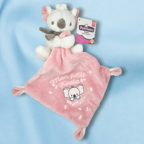 SOS peluche koala POMMETTE blanche avec doudou carré plat rose Mon petit Koala phosphorescent