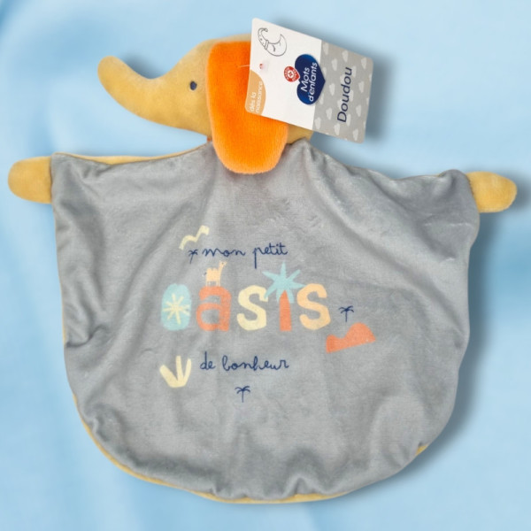 SOS doudou éléphant MOTS D'ENFANTS Leclerc doudou plat gris Mon petit oasis de bonheur