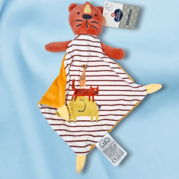 SOS doudou tigre MOTS D'ENFANTS Leclerc doudou plat rayé orange