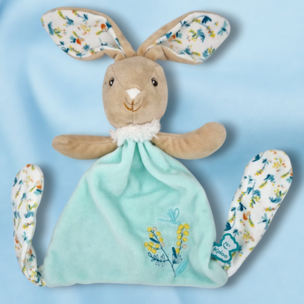 SOS doudou lapin Justin KALOO plat bleu vert les fripons fleurs brodées