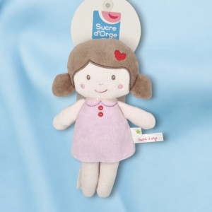 SOS doudou poupée Sucre d'orge robe rose cheveux marron cœur brodé