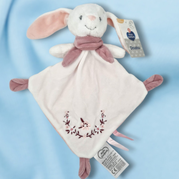 SOS doudou lapin MOTS D'ENFANTS plat blanc et rose fleurs brodées