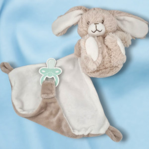 SOS doudou lapin Tex Baby Carrefour petite peluche beige avec doudou plat beige et blanc