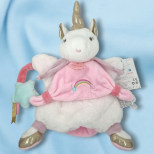 SOS doudou licorne Doudou et Compagnie marionnette blanche et rose arc en ciel brodé DC3320