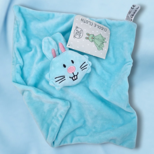 SOS doudou lapin CUDDLE CLOTH ACTION carré plat bleu nez brodé rose