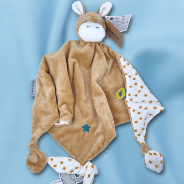 SOS doudou âne NATTOU Collection Felix & Léo triangle plat beige étoile brodée dos et étiquette soleil