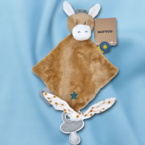 SOS doudou âne NATTOU Collection Felix & Léo carré plat beige étoile brodée dos et étiquette soleil