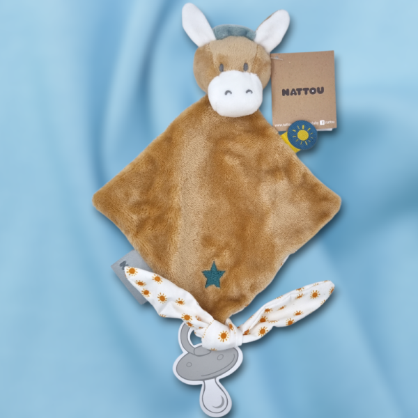 SOS doudou âne NATTOU Collection Felix & Léo carré plat beige étoile brodée dos et étiquette soleil