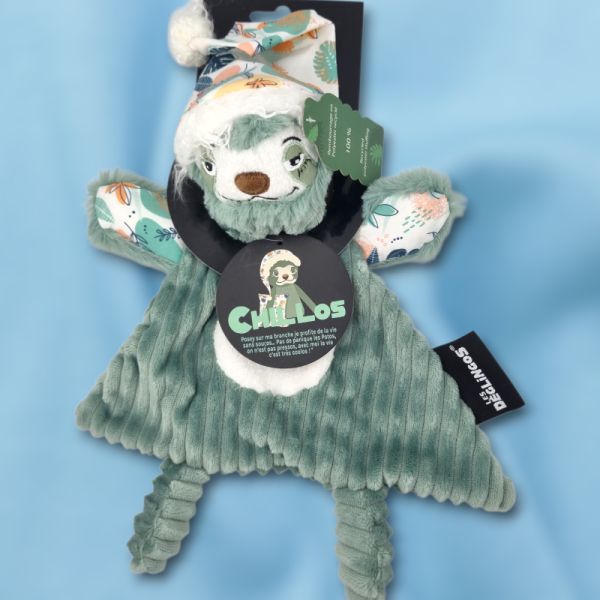 SOS doudou paresseux Baby Déglingos Chillos en velours vert avec bonnet de nuit