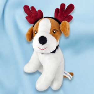SOS doudou peluche chien Crédit Mutuel blanc et marron serre-tête bois de renne nœud papillon noir Noël