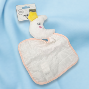 SOS doudou lune BÉBÉ DOUCEUR plat en lange blanc bord rose
