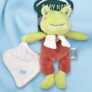 SOS doudou grenouille BABY NAT vert et rose avec doudou carré plat blanc attaché BN6007