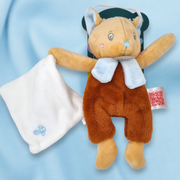 SOS doudou écureuil BABY NAT beige, marron et bleu avec doudou carré plat blanc attaché BN6011