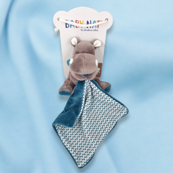 SOS doudou hippopotame BABY NAT Bazile peluche grise avec doudou plat attaché bleu et blanc BN0654
