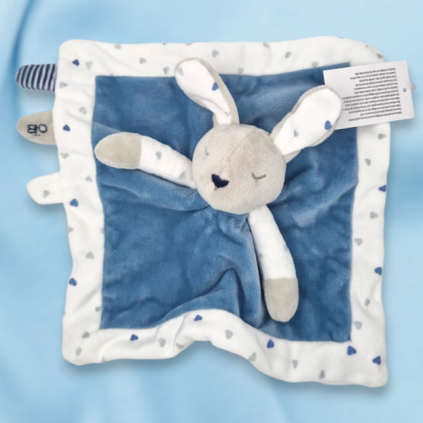 SOS doudou lapin OBAÏBI OKAÏDI carré plat bleu contour blanc cœurs bleus et gris