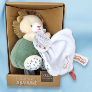 SOS doudou lion DOUDOU & CIE Couleurs Savane peluche vert et beige avec doudou plat blanc DC4066