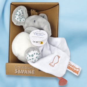 SOS doudou éléphant DOUDOU & CIE Couleurs Savane petite peluche avec doudou plat gris et blanc DC4076