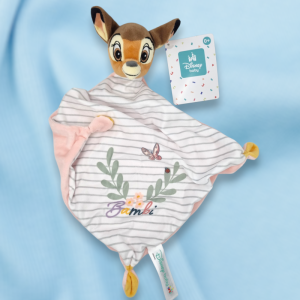 SOS doudou faon Bambi Disney carré plat blanc, gris et dos rose
