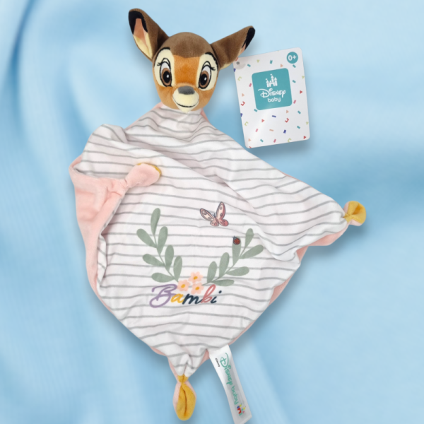 SOS doudou faon Bambi Disney carré plat blanc, gris et dos rose