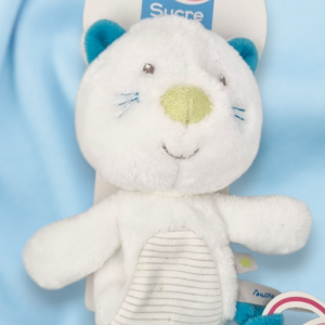 Chat Sucre d'orge attache tétine blanc et bleu