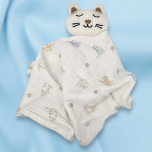 SOS doudou chat Bout'chou Monoprix carré plat lange blanc dessin chats tête maille