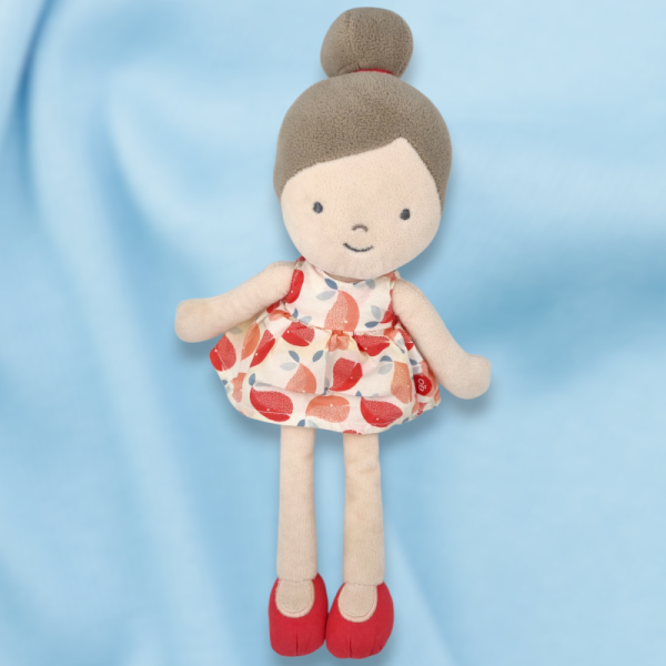 SOS doudou poupée  OKAÏDI OBAÏBI peluche robe rose motifs feuilles cheveux en chignon