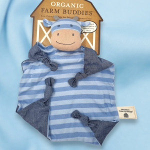 SOS doudou vache Organic Farm Buddies carré plat rayé bleu