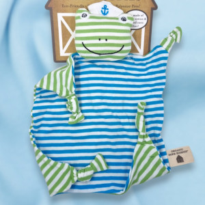 SOS doudou grenouille Organic Farm Buddies carré plat rayé bleu et vert