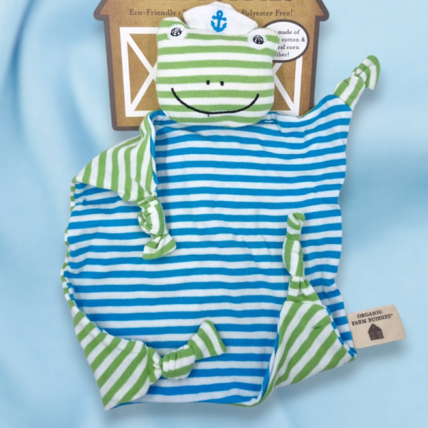 SOS doudou grenouille Organic Farm Buddies carré plat rayé bleu et vert
