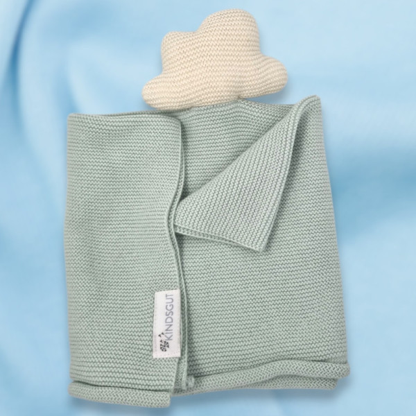 SOS doudou nuage KINDSGUT plat en maille bleu vert hochet