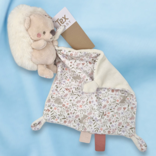 SOS doudou peluche hérisson Tex Baby Carrefour blanc écru avec doudou carré plat attaché