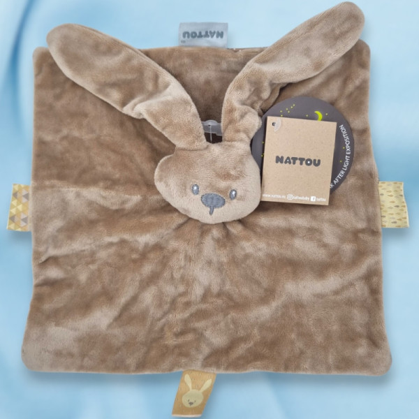 SOS doudou lapin Nattou Lapidou carré plat marron Moka phosphorescent