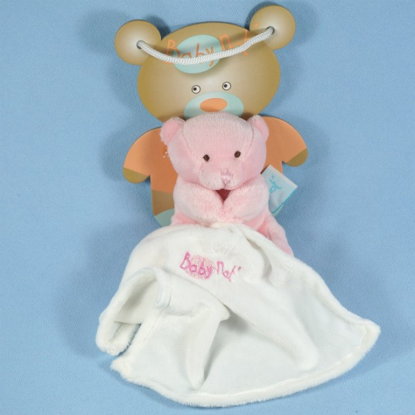 Ours BABY NAT doudou rose mouchoir blanc NEUF