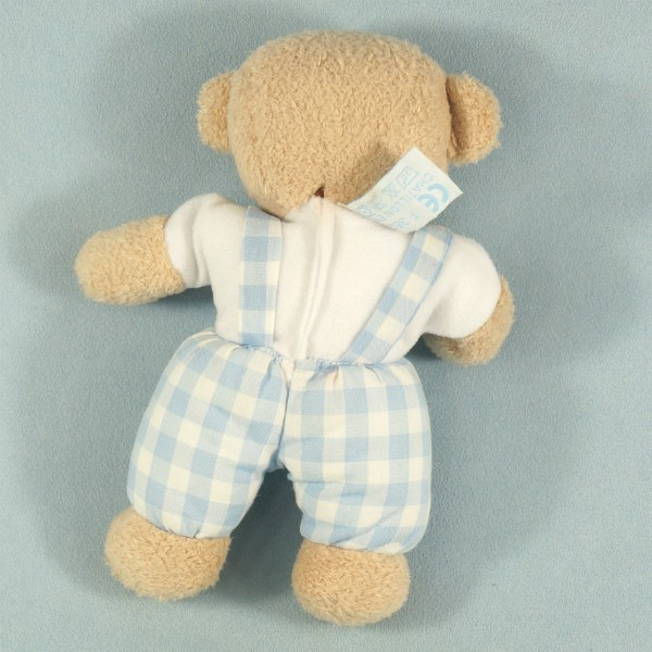 Doudou ours boule beige bleu marine blanc salopette
