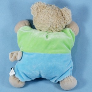 Ours TEX CARREFOUR doudou carré semi-plat bleu et vert tracteur