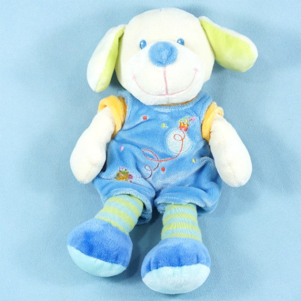 Chien MOTS D'ENFANTS doudou salopette bleu maison planète oiseau