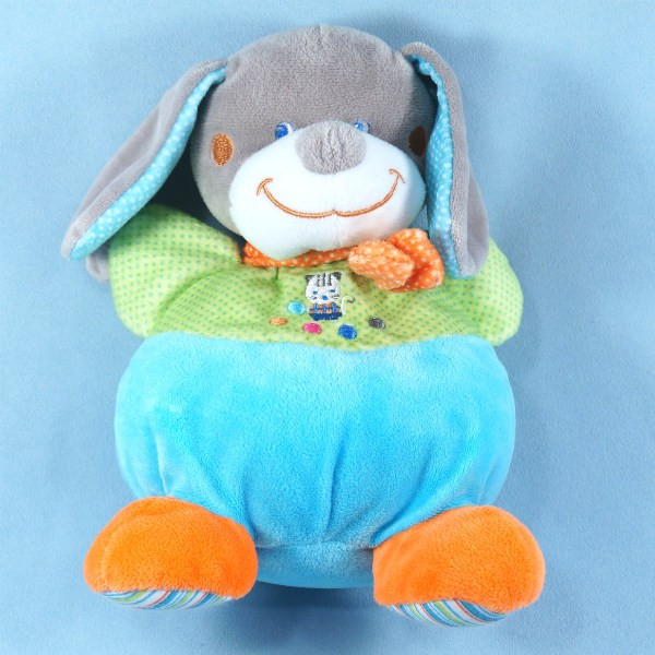 Chien MOTS D'ENFANTS doudou boule vert et bleu écharpe orange