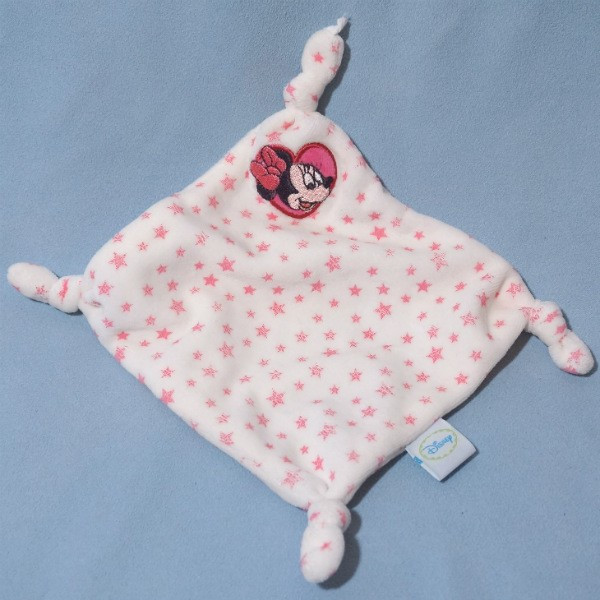 Doudou Minnie DISNEY Carré plat blanc coeur rose étoiles