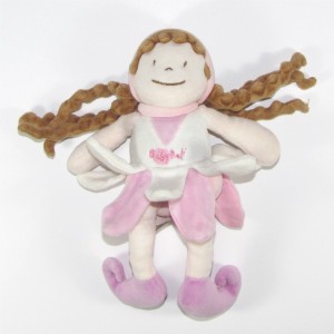 BABY NAT' doudou poupée fille fleur rose et blanche cheveux long