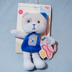 Chat SUCRE D'ORGE doudou bleu attache tétine