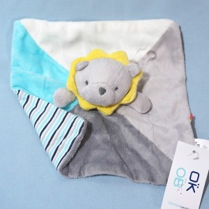 Lion OBAIBI doudou carré plat bleu et gris couronne jaune NEUF