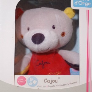 Ours SUCRE D'ORGE doudou Cajou gris et rouge mouchoir blanc
