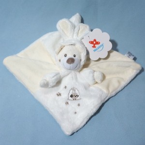 Ours NICOTOY doudou carré plat blanc capuche lapin